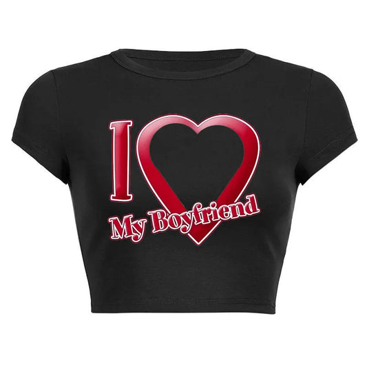 Custom I Love My Boyfriend Women New Summer Short Sleeve O Neck DIY Women Crop Tops Fashion T-Shirt Couple Gift